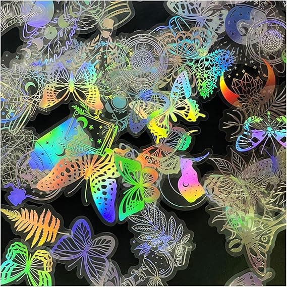 200 Pcs Holographic Aaesthetic Stickers – DIY Waterproof Decorative Stickers – Transparent Retro Resin Stickers for Water Bottles Laptops Scrapbook Journal